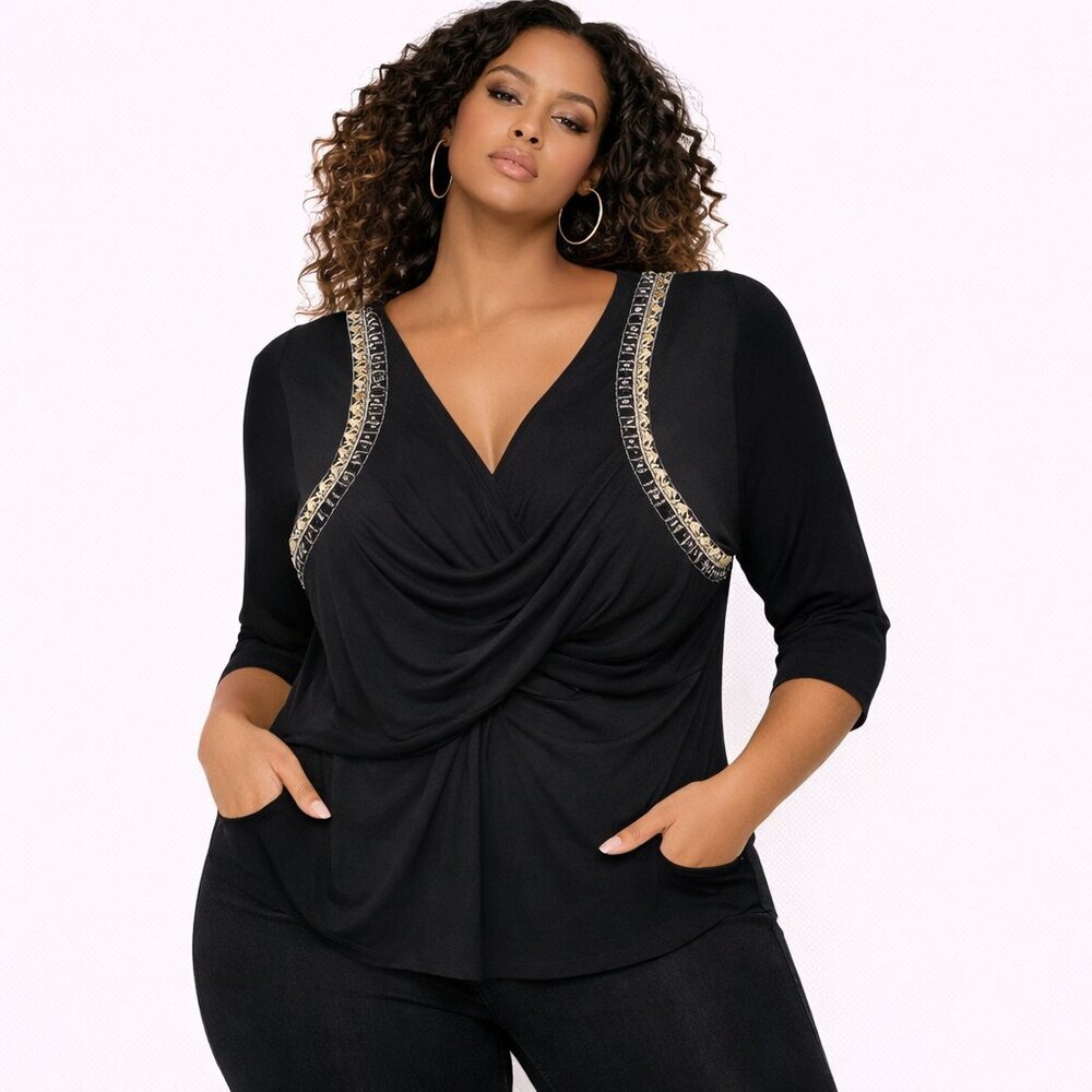 Venus Black Ruched V-Neck Embellished Trim Blouse Size 18